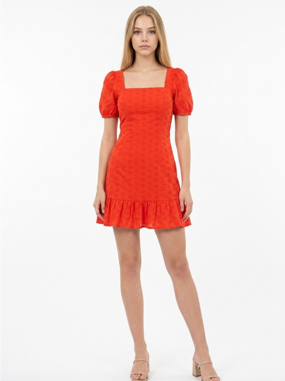 Lulu's Orange Square-Neck Puff-Sleeve Mini Dress